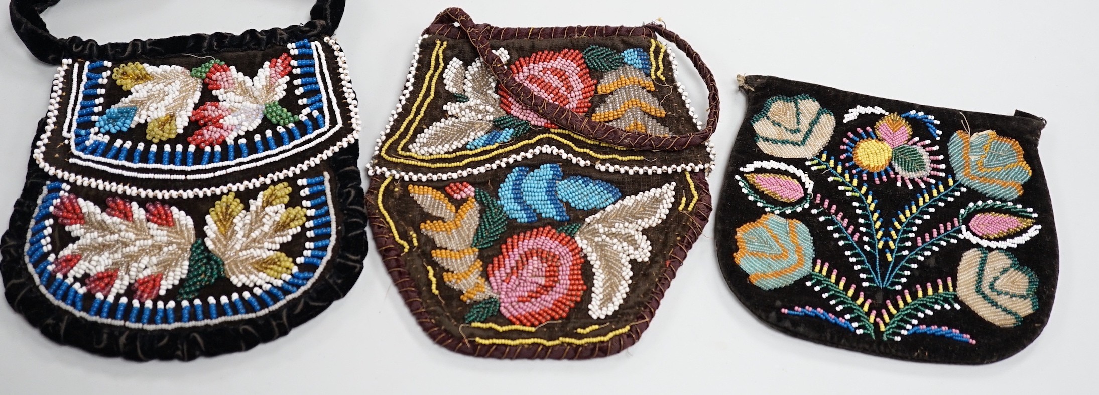 Three mid to late 19th century Haudenosaunee (Iroquois) North American Indian glass beaded velvet bags